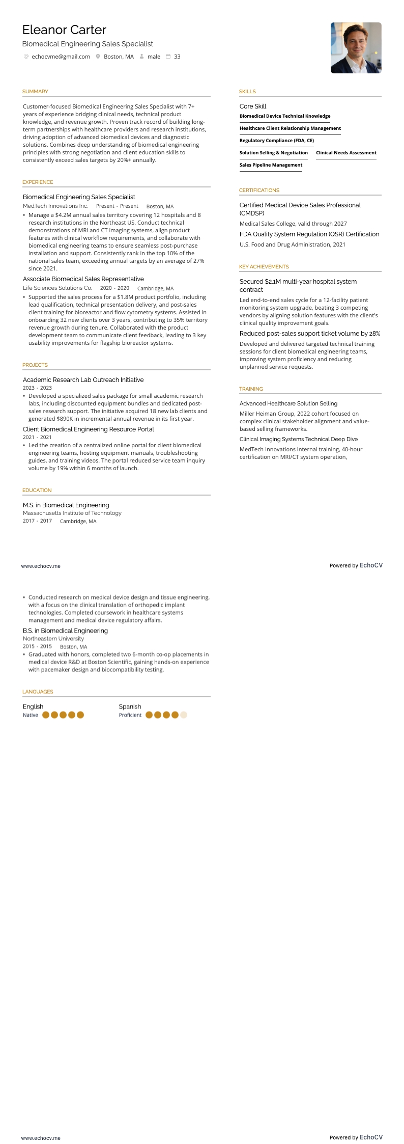 生物醫學工程銷售專員 example resume