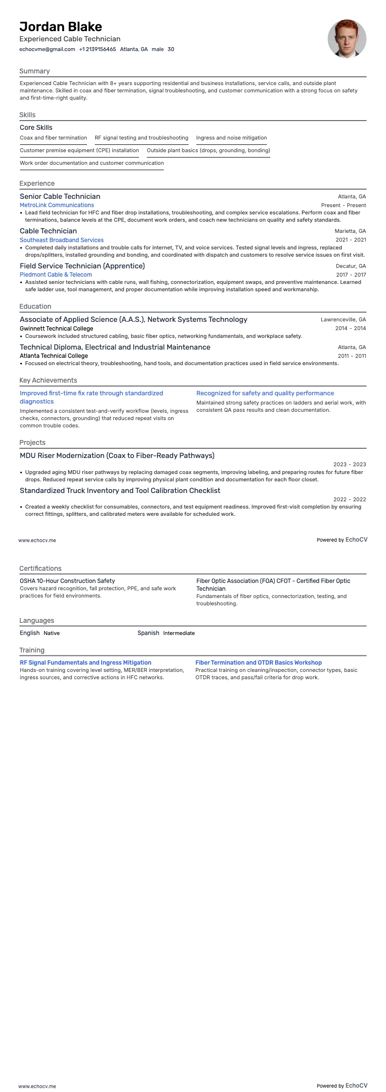 Kabeltechniker resume example