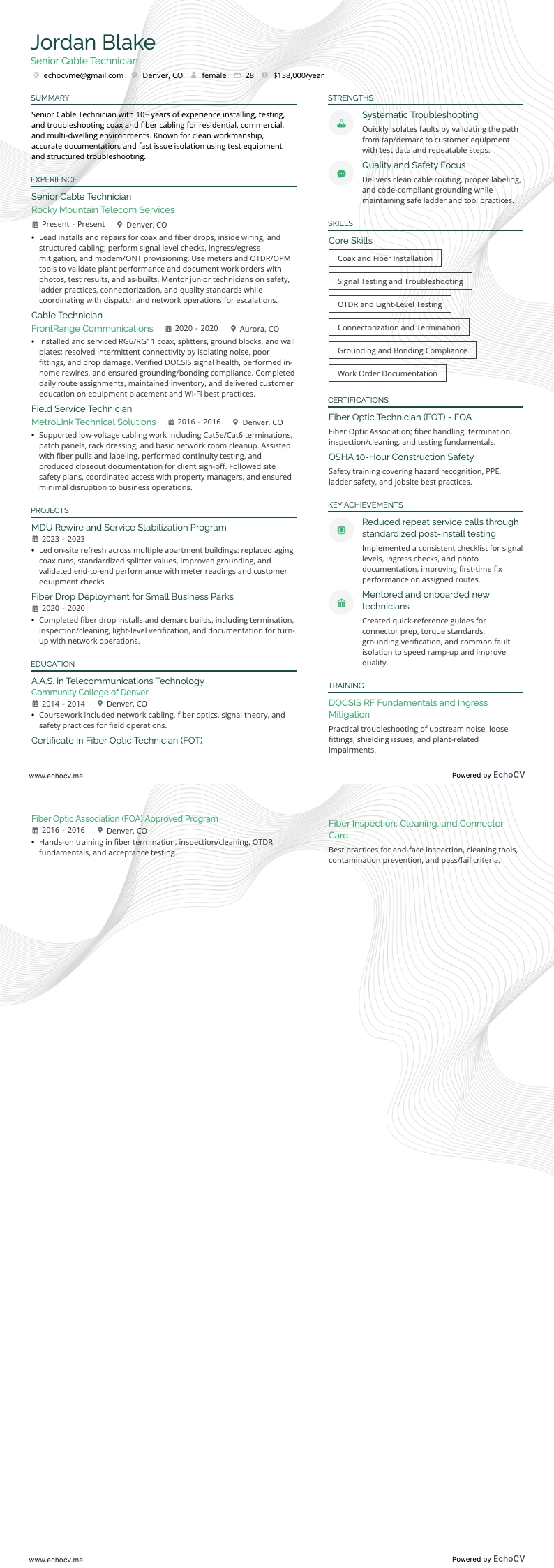 Cable Technician resume example