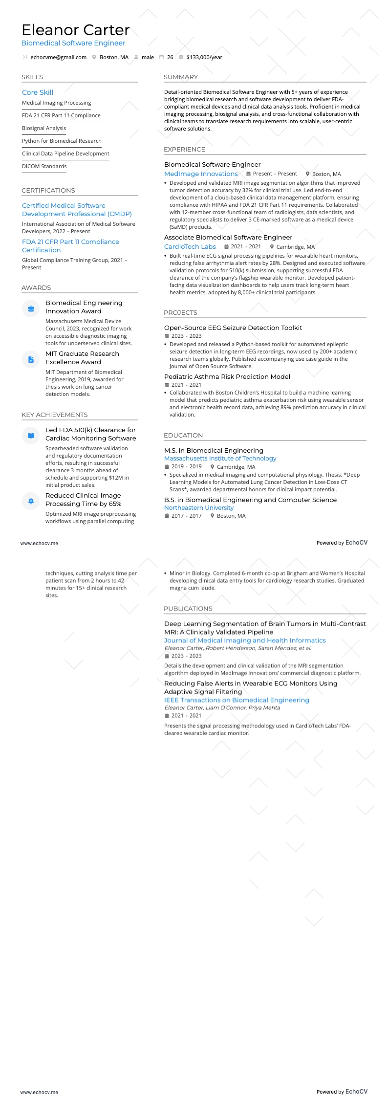 生物醫學軟體工程師 example resume