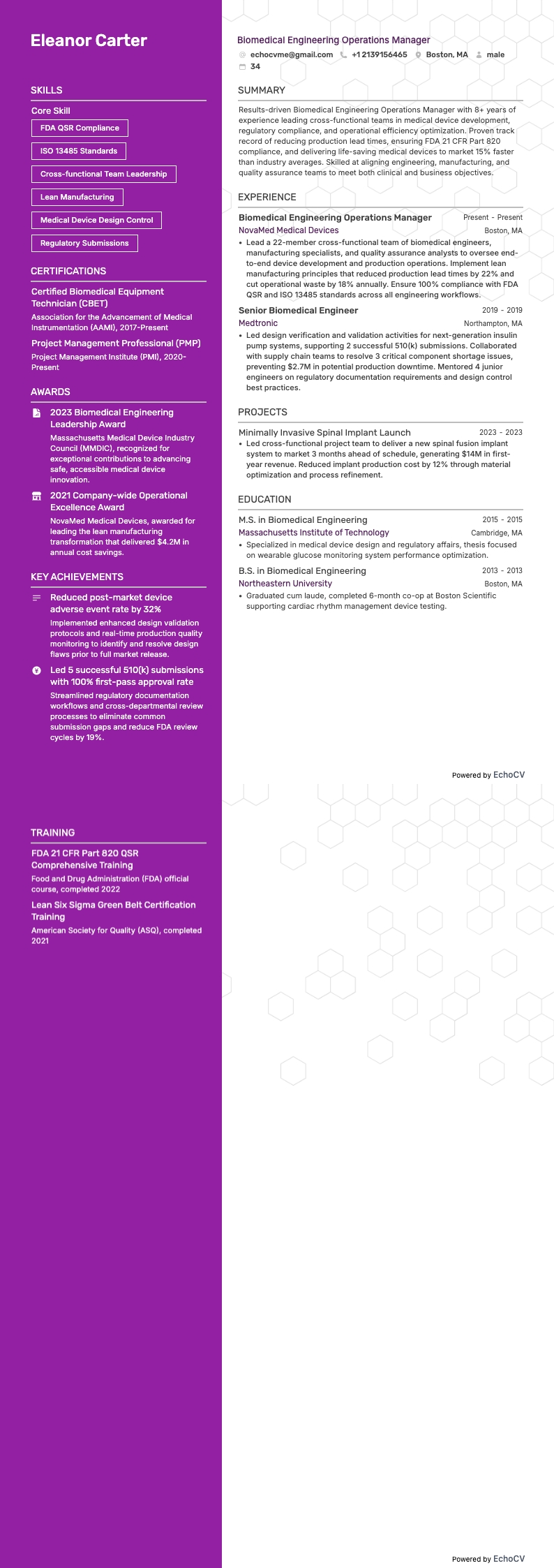 生物醫學工程營運經理 example resume