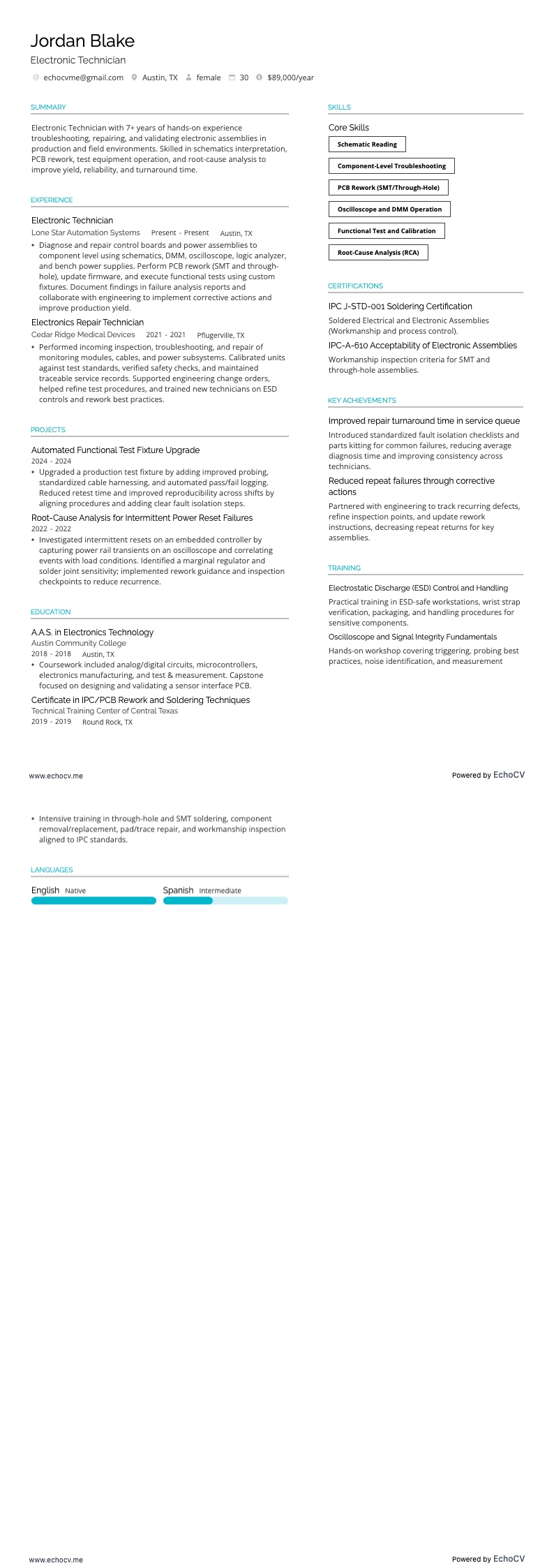 Electronic Technician example resume
