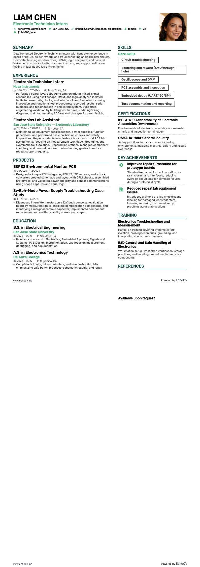 Technicien en électronique resume example