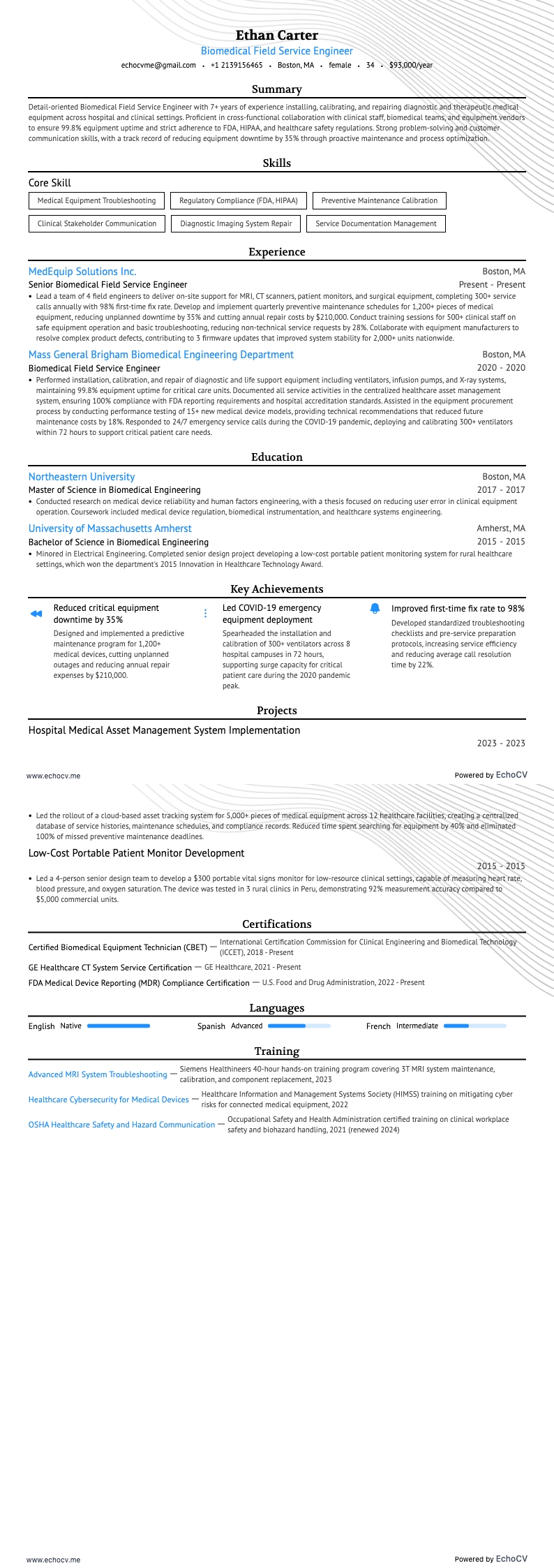 生物醫學現場服務工程師 example resume