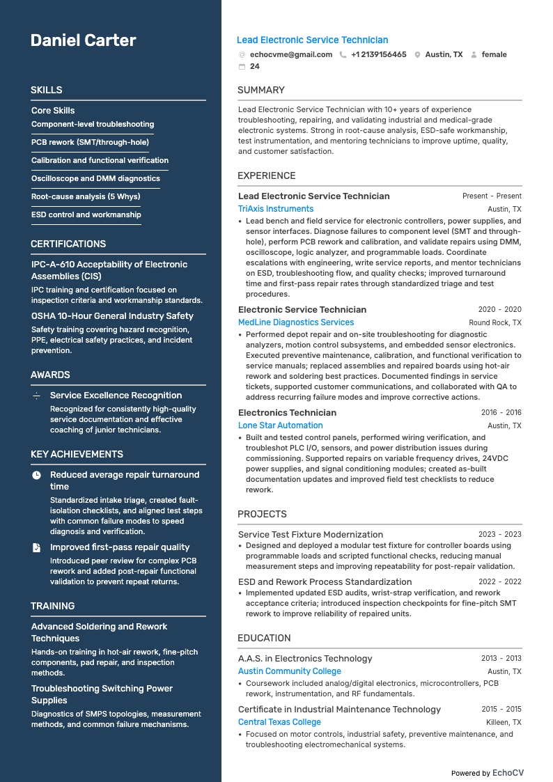 Electronic Technician resume example