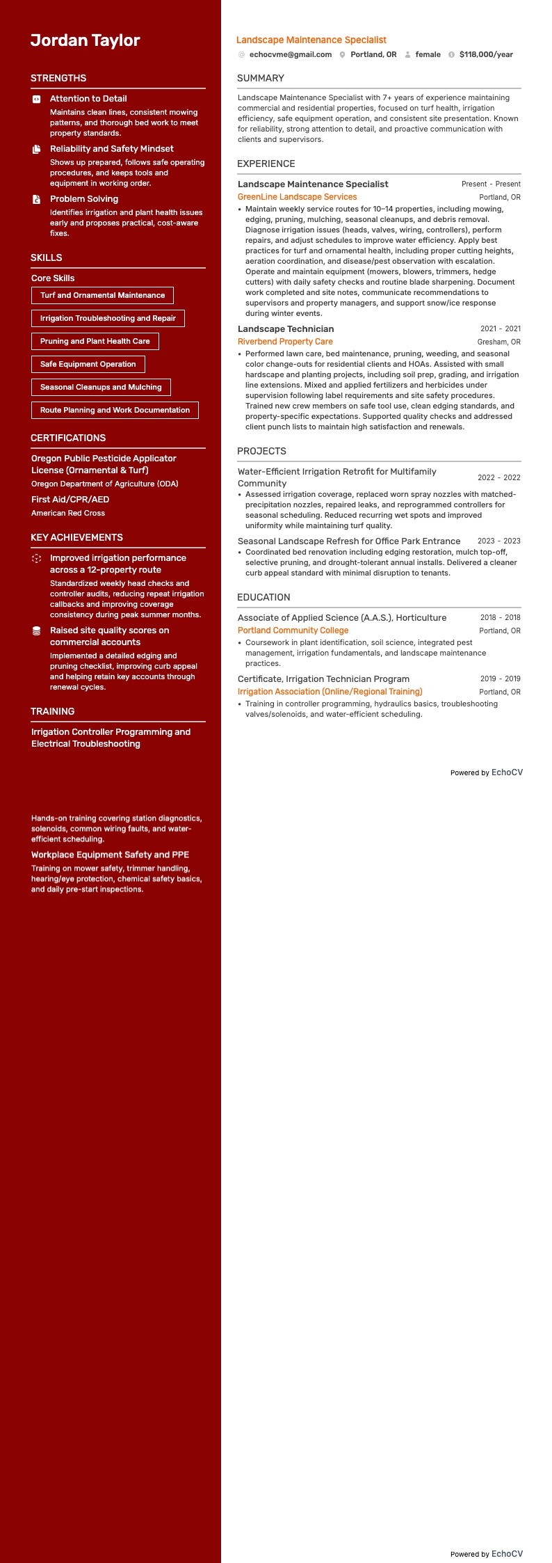 Landscape Maintenance Specialist example resume