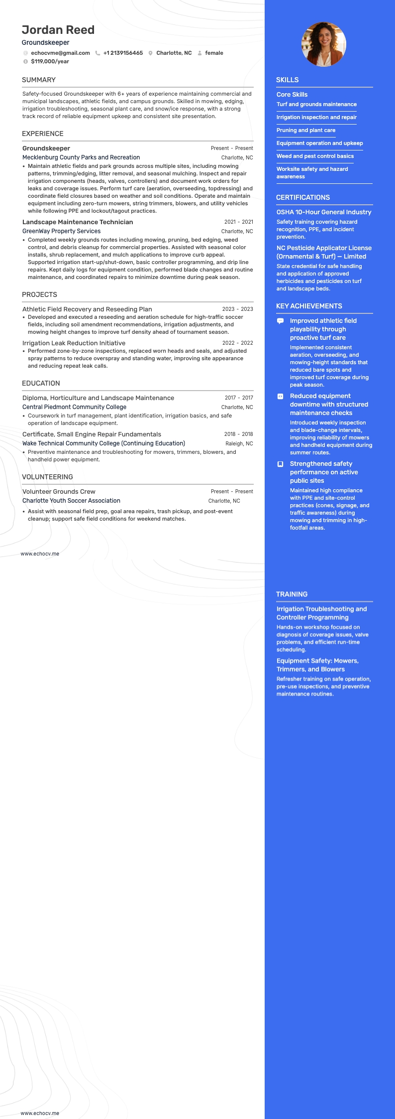 Groundskeeper example resume