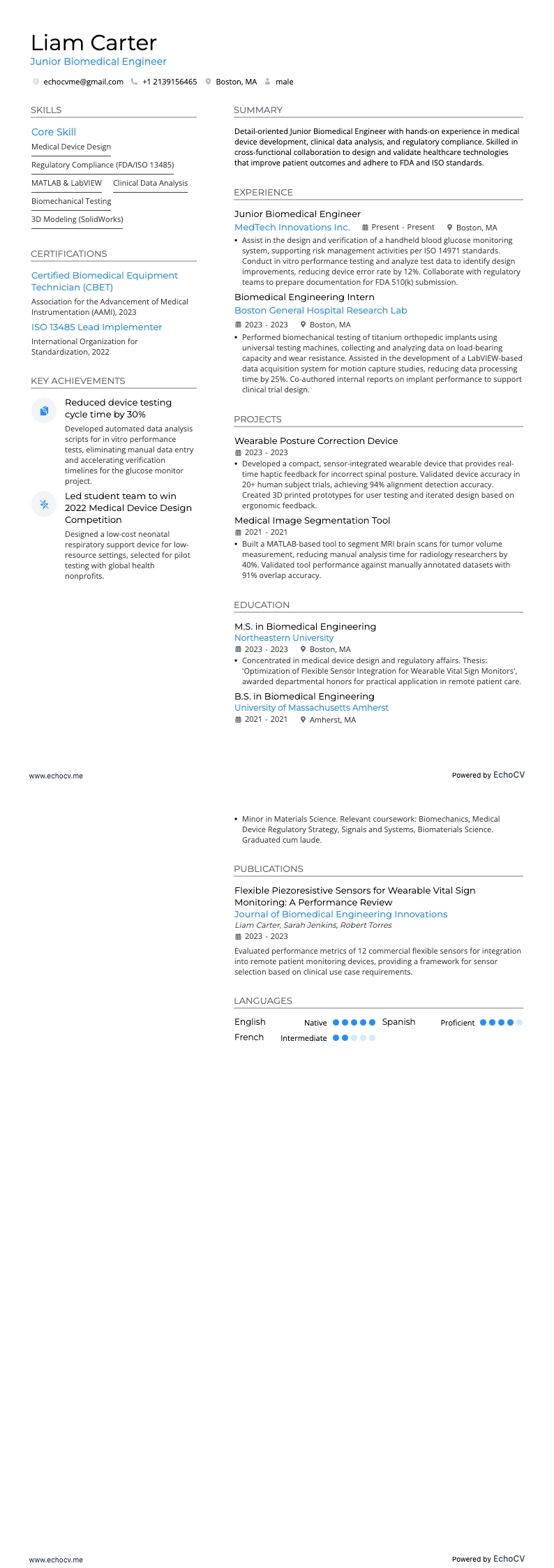 初級生物醫學工程師 example resume