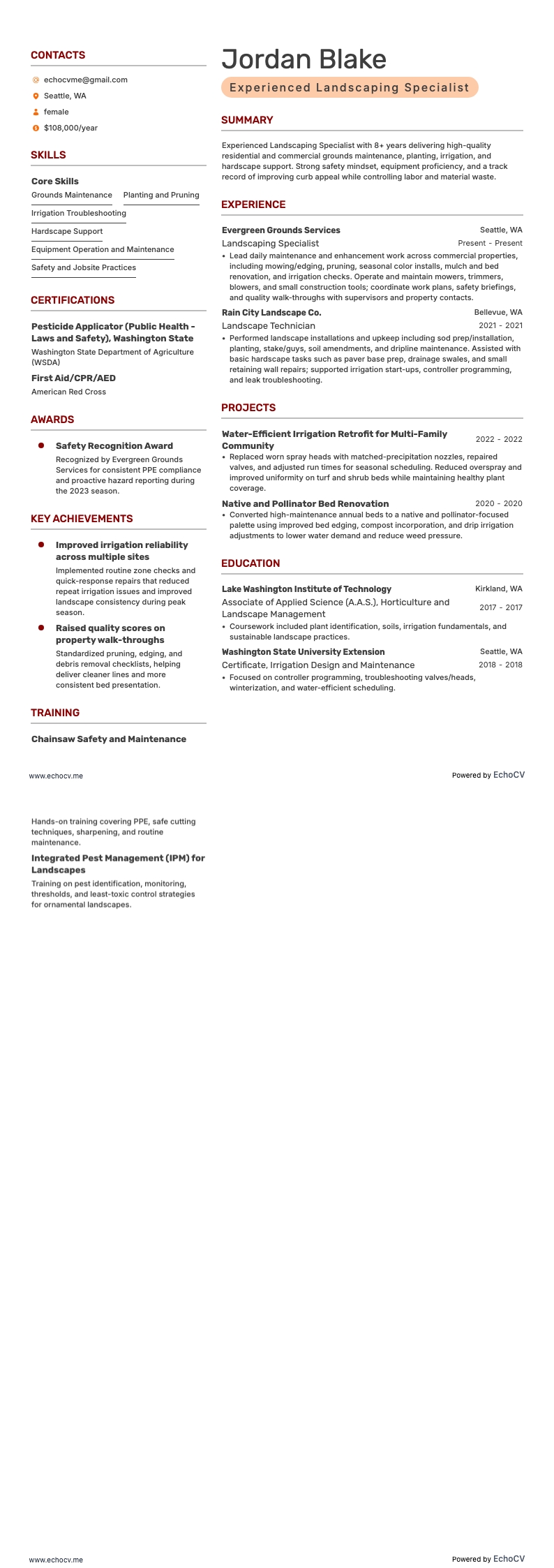 Experienced Landscaping Specialist example resume