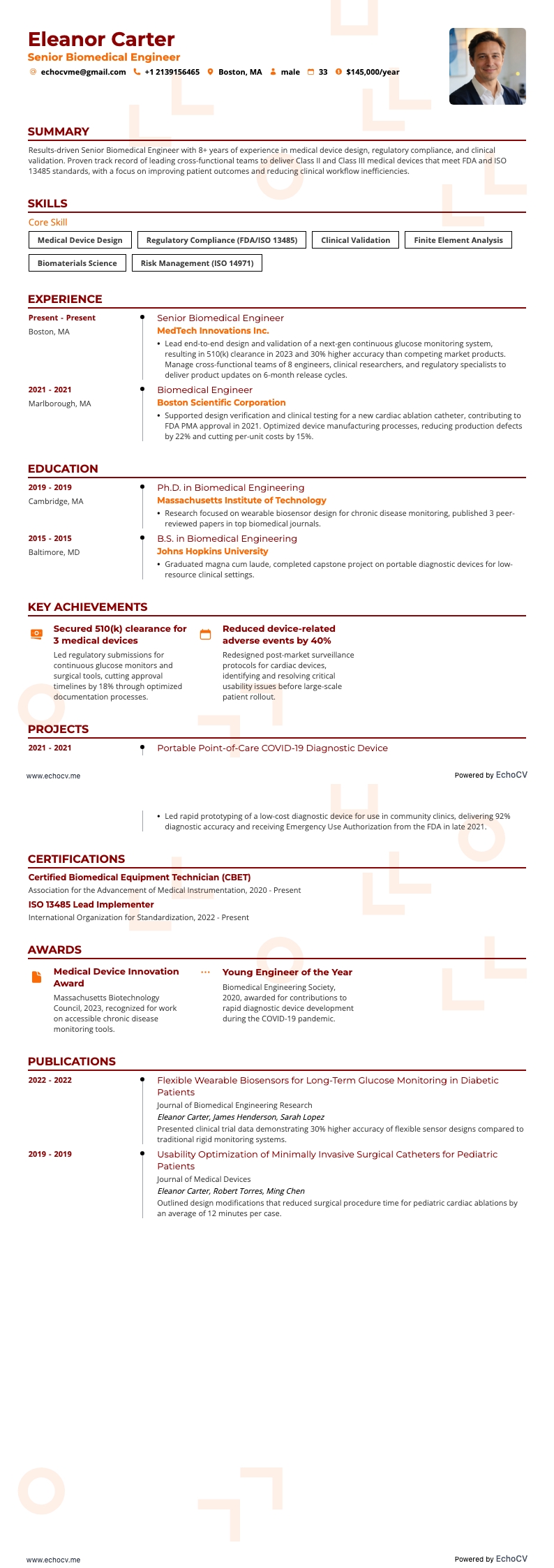 資深生物醫學工程師 example resume