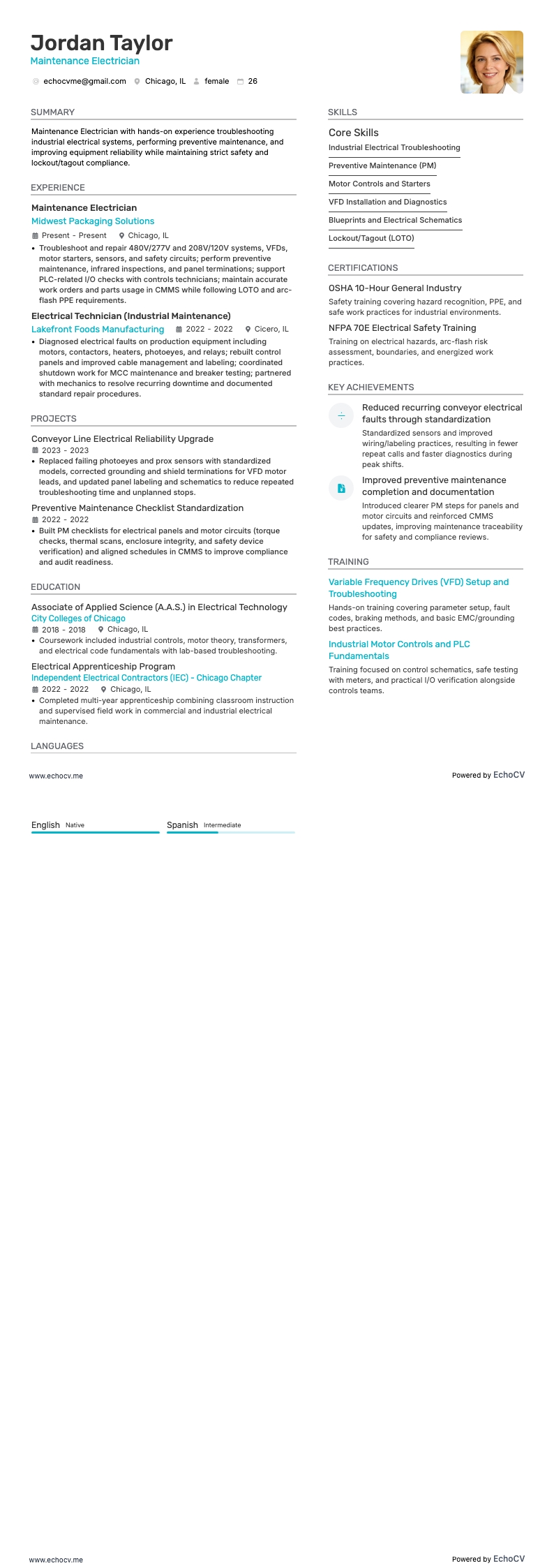 Maintenance Electrician example resume