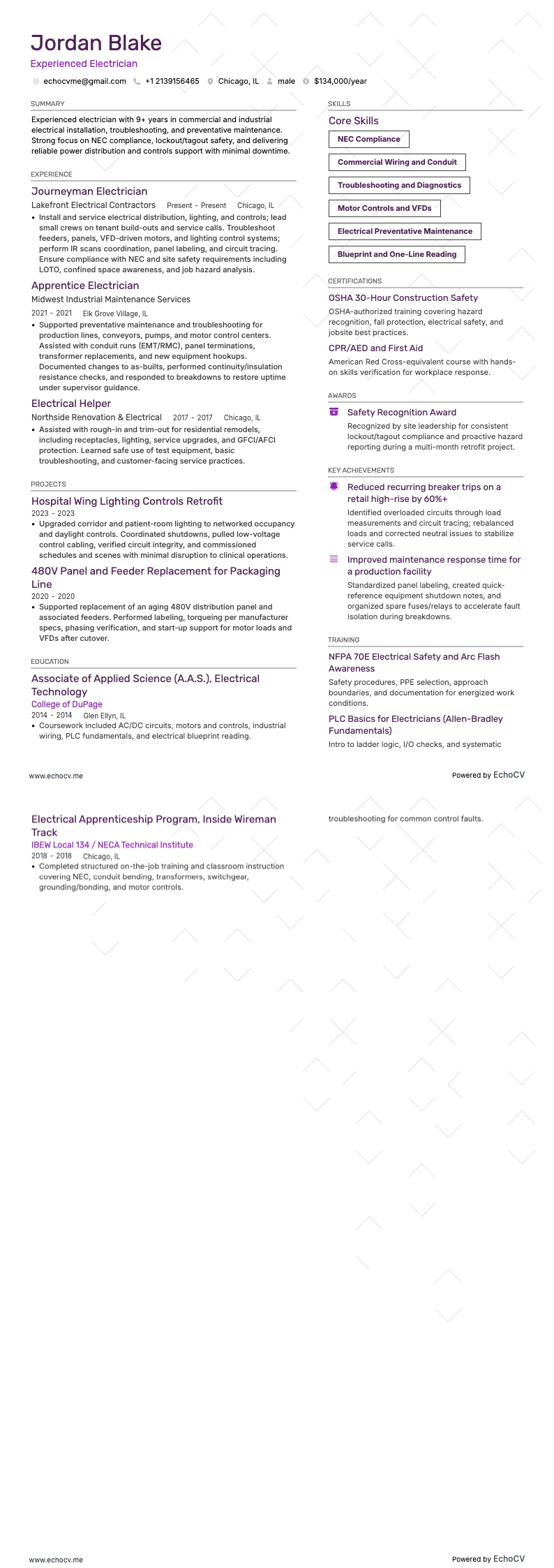 Experienced Electrician example resume