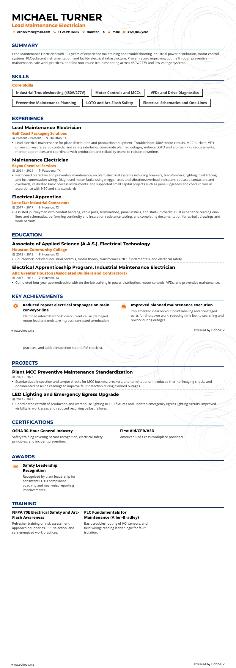 Electrician resume example
