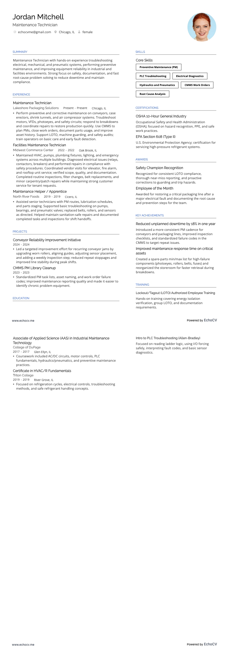 メンテナンス技術者 example resume