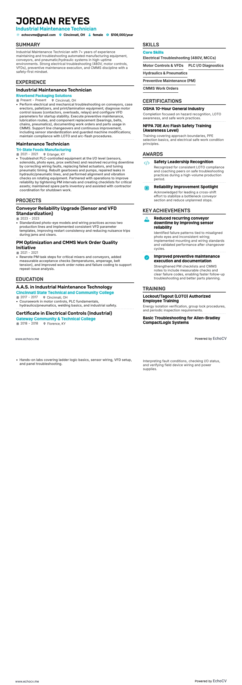 産業保守技術者 example resume