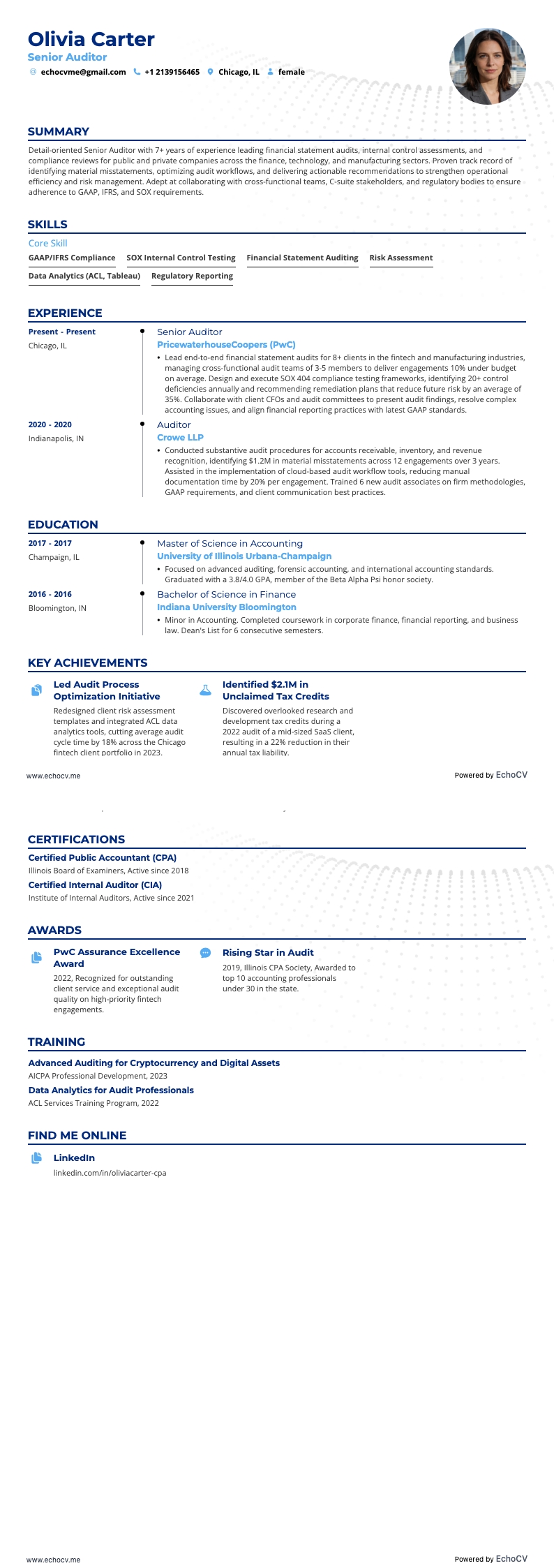 Auditeur senior example resume
