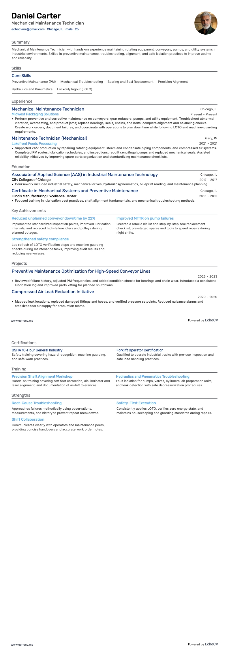 機械メンテナンス技術者 example resume