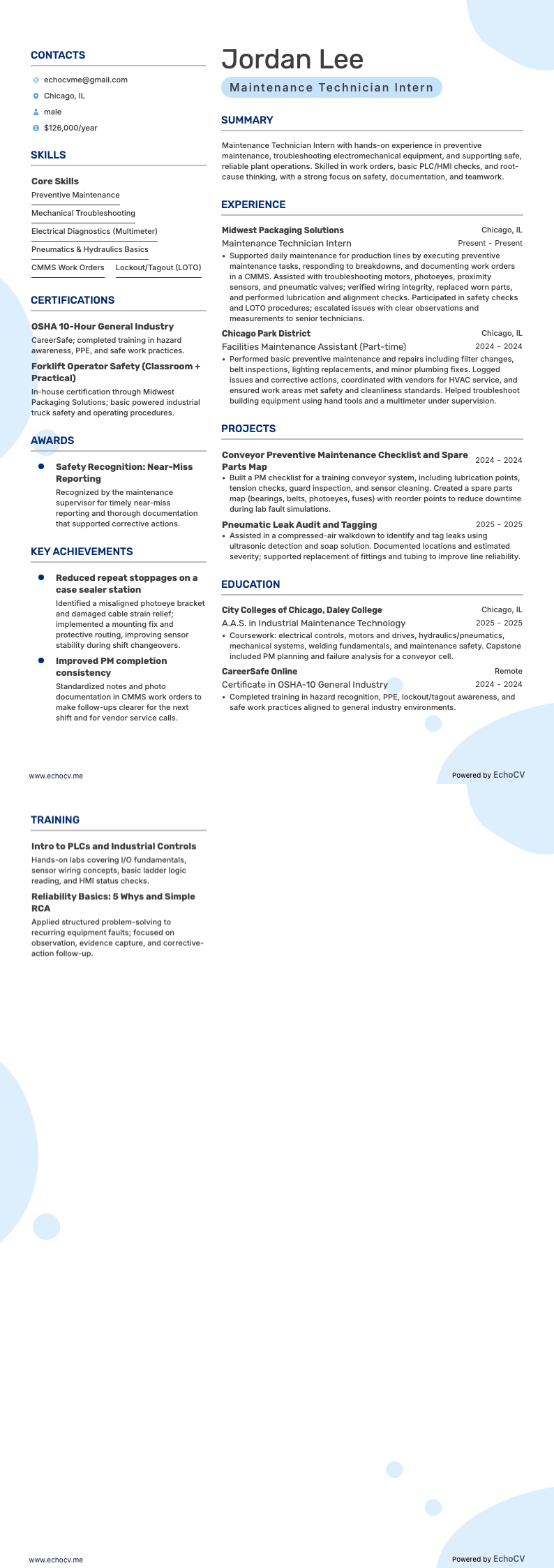 メンテナンス技術者 resume example