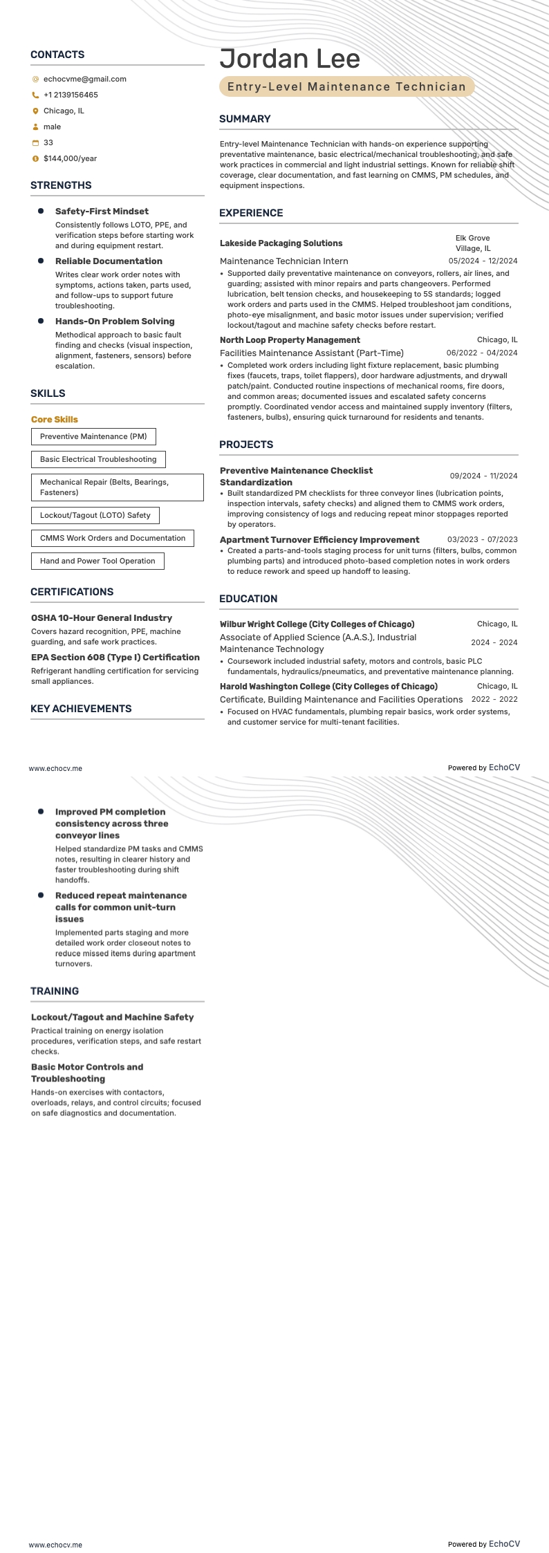 初級メンテナンス技術者 example resume