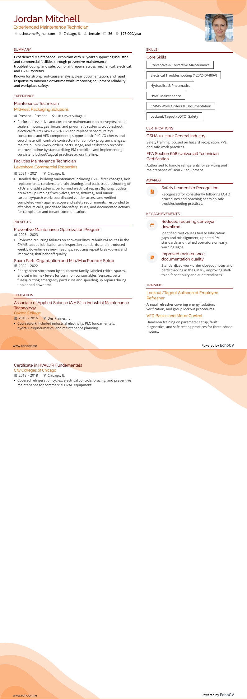 経験豊富なメンテナンス技術者 example resume