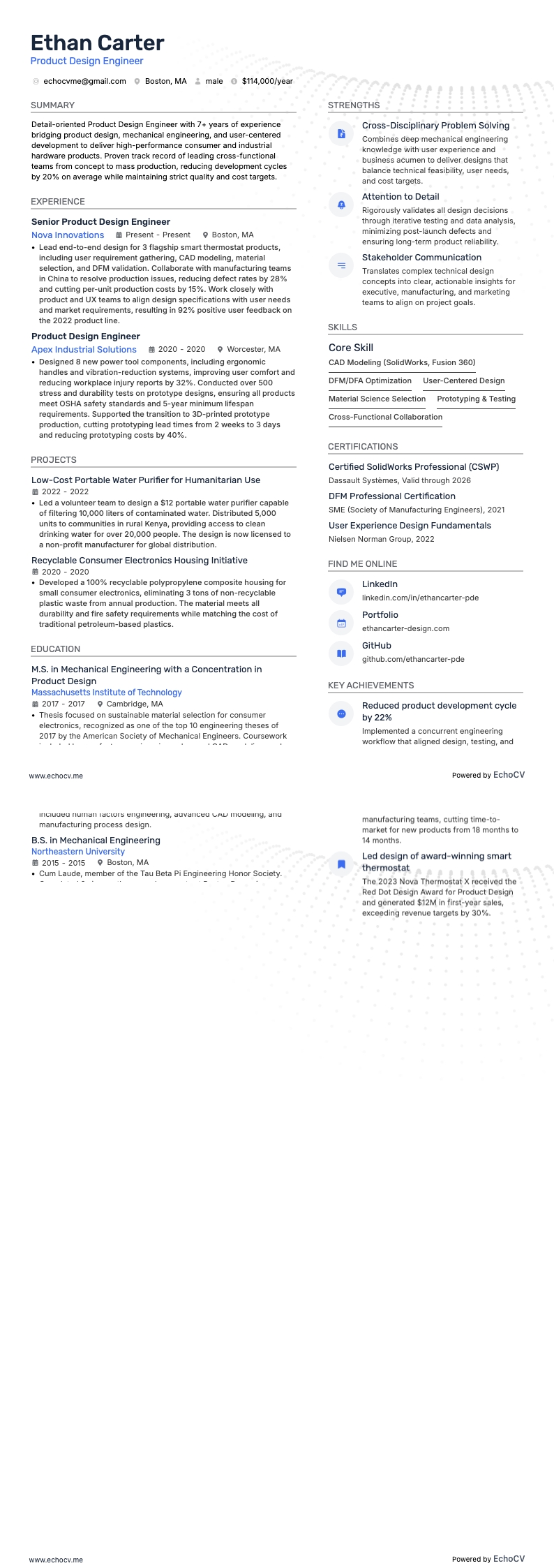 Product Design Engineer example resume
