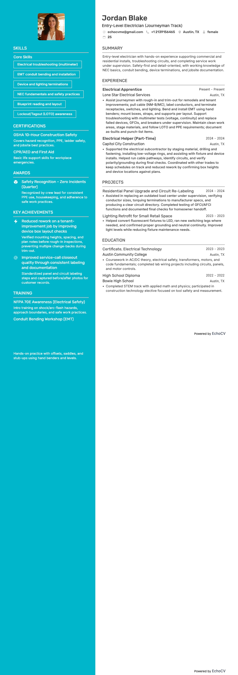 Entry-Level Electrician example resume