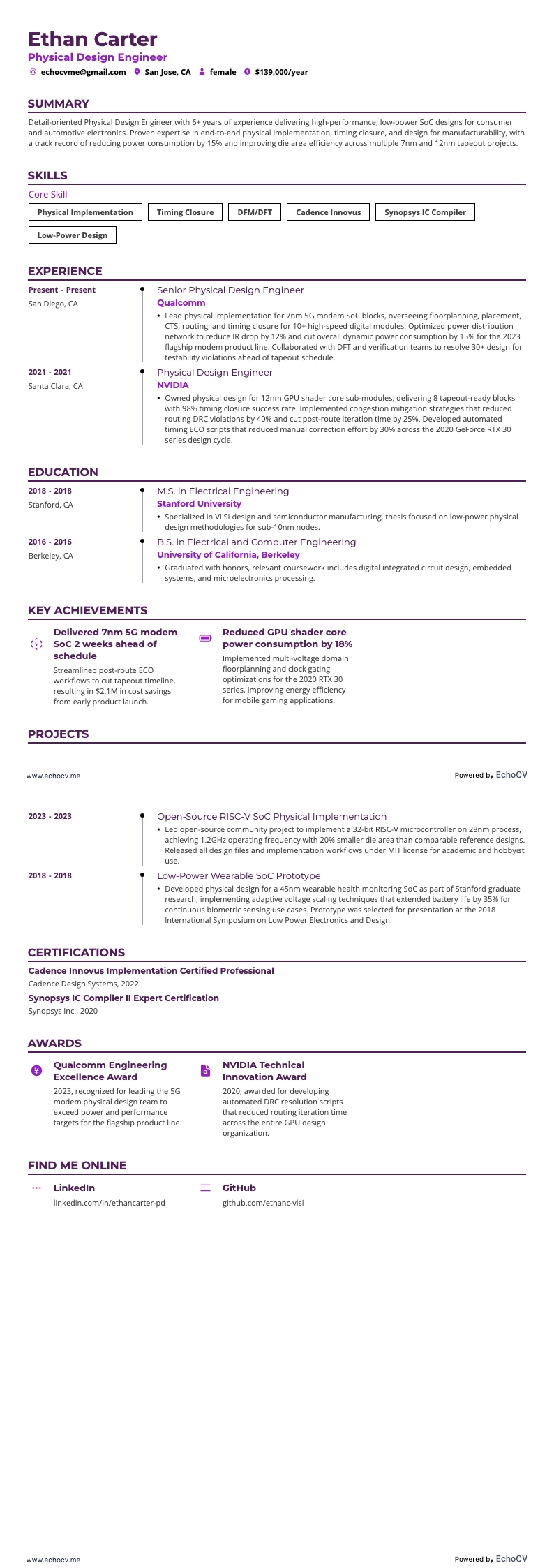 Physical Design Engineer example resume