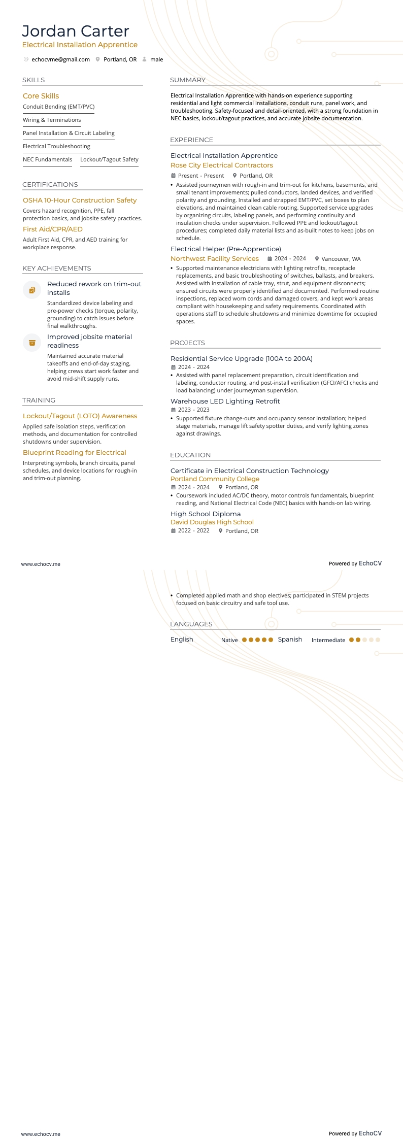 Electrical Installation Apprentice example resume