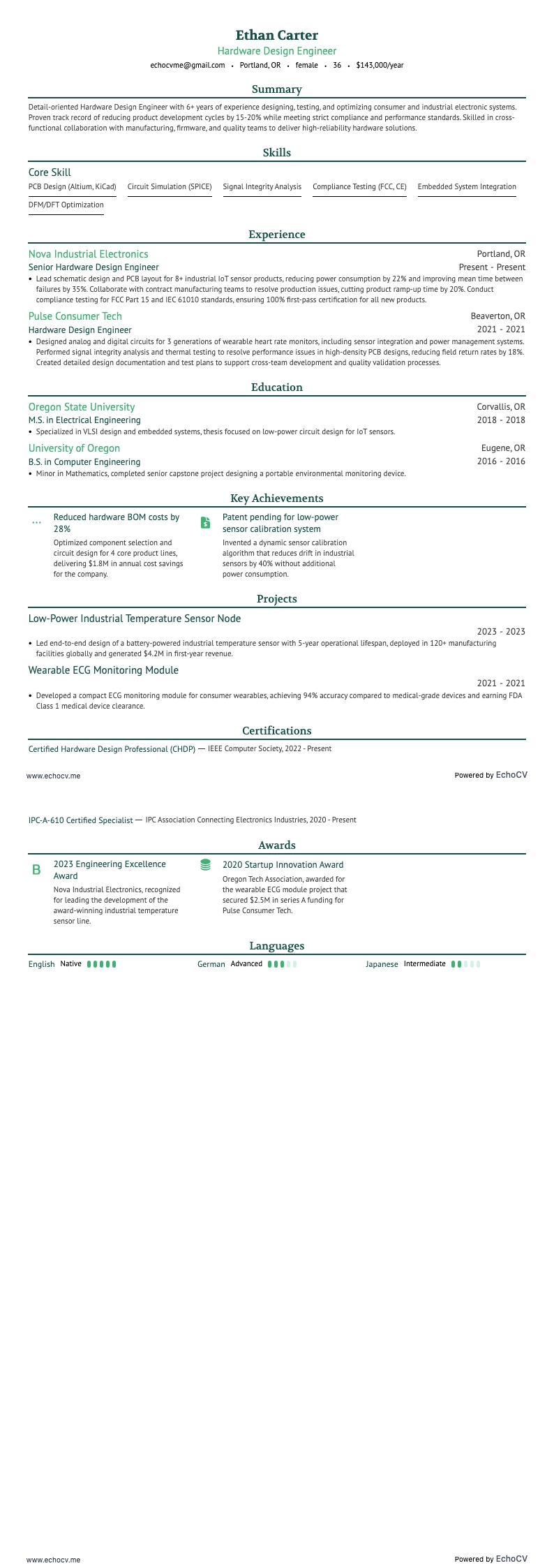 Hardware Design Engineer example resume