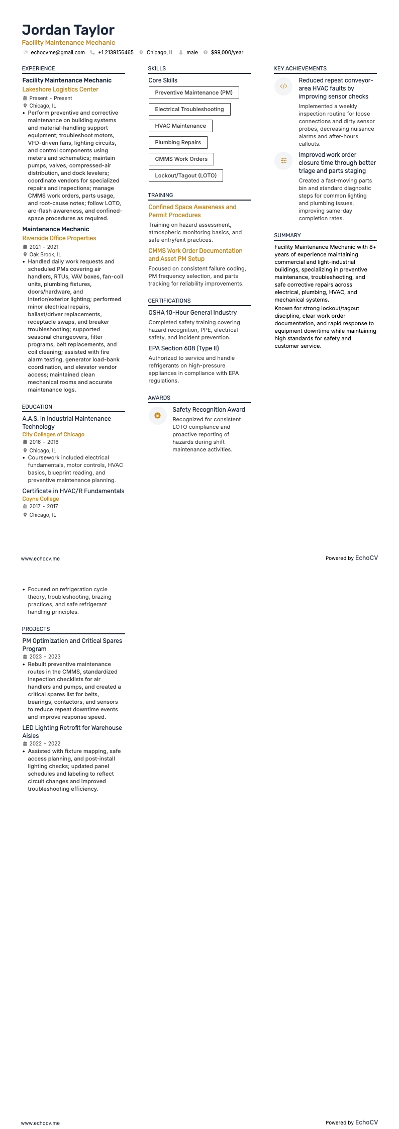 Facility Maintenance Mechanic example resume