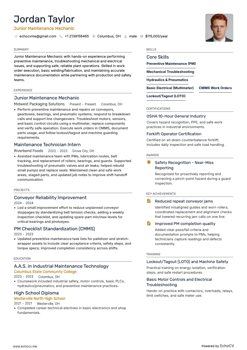 Junior Maintenance Mechanic example resume