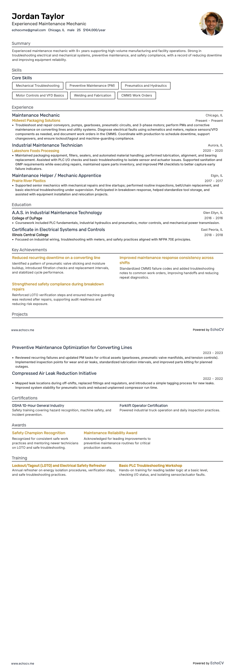 Experienced Maintenance Mechanic example resume