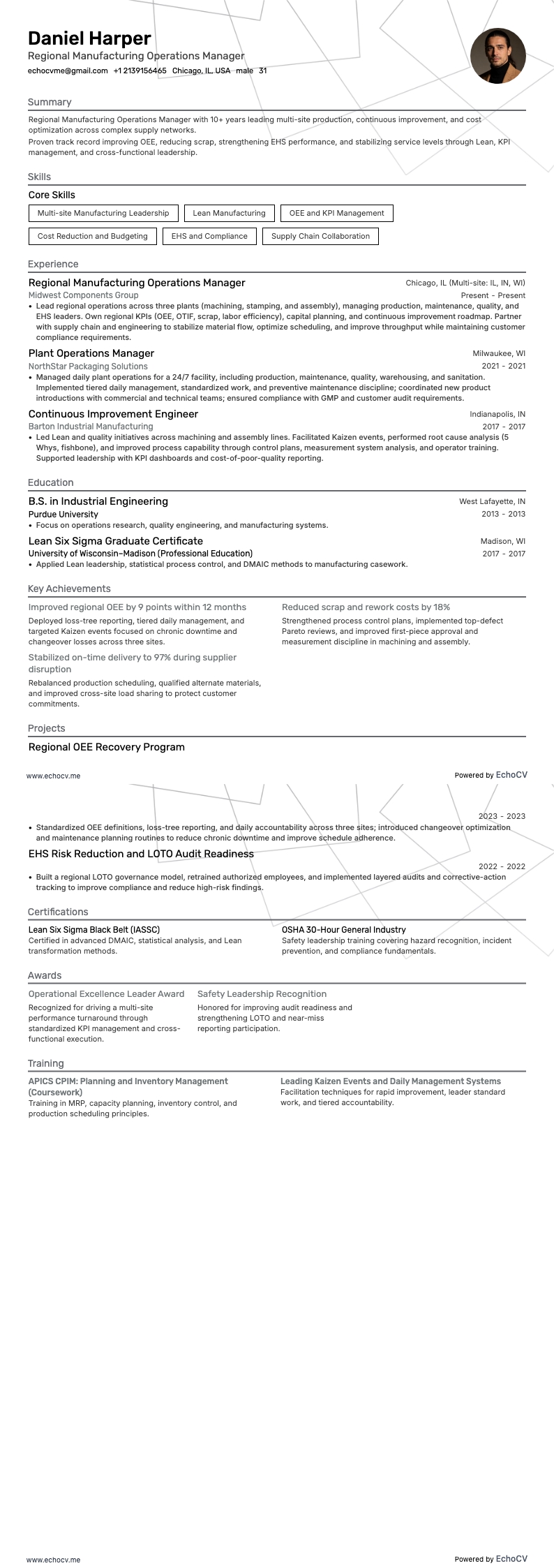 Gerente regional de operaciones de manufactura example resume