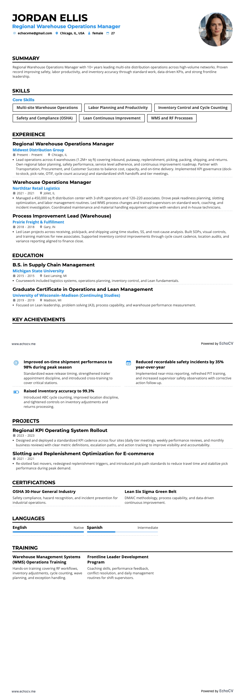 Gerente regional de operaciones de almacén example resume