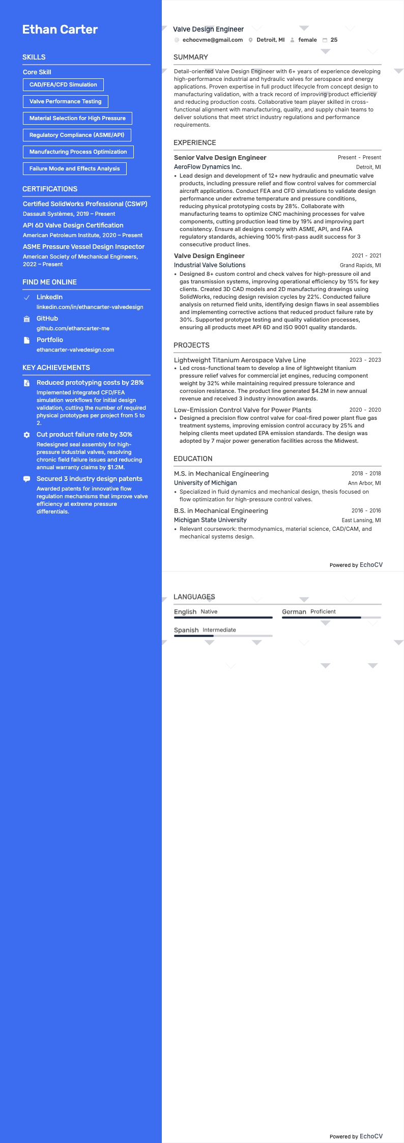 Valve Design Engineer example resume