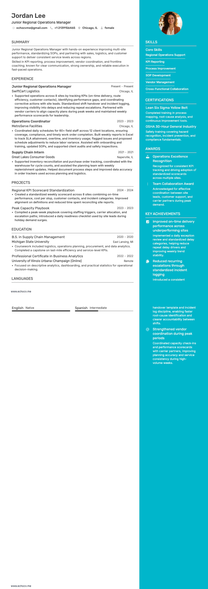 Gerente Regional de Operaciones Junior example resume