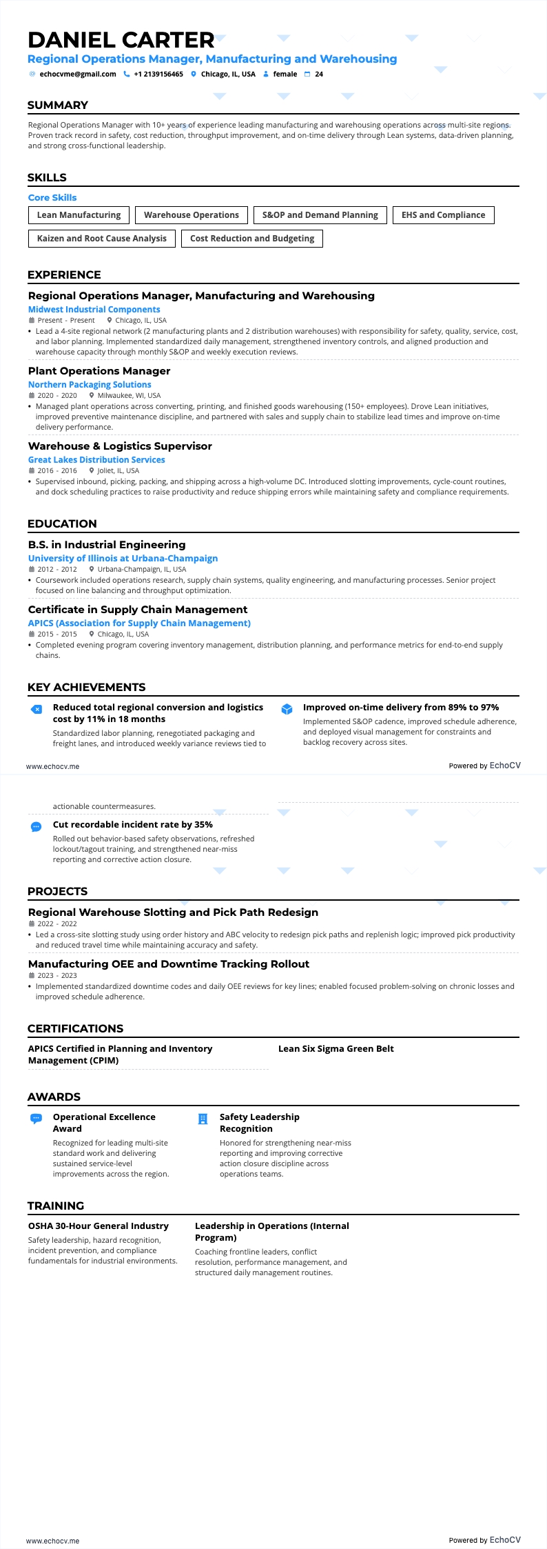 Vista previa completa de Gerente Regional de Operaciones, Manufactura y Almacenamiento