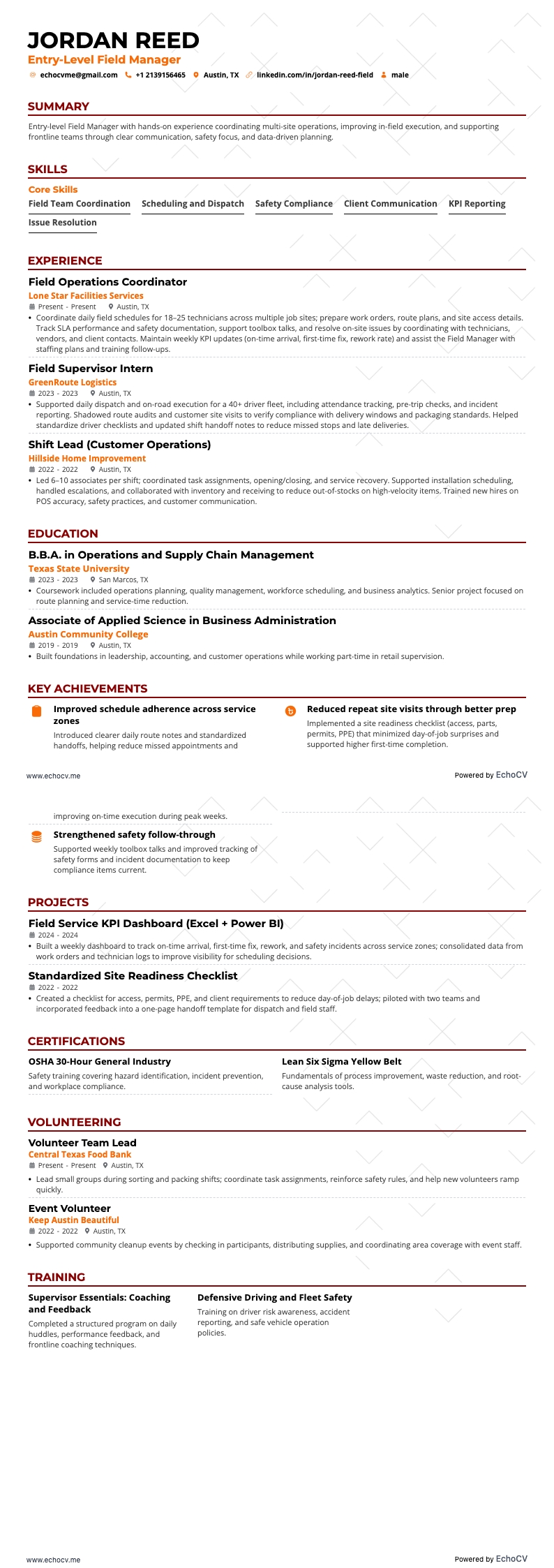 Entry-Level Field Manager example resume