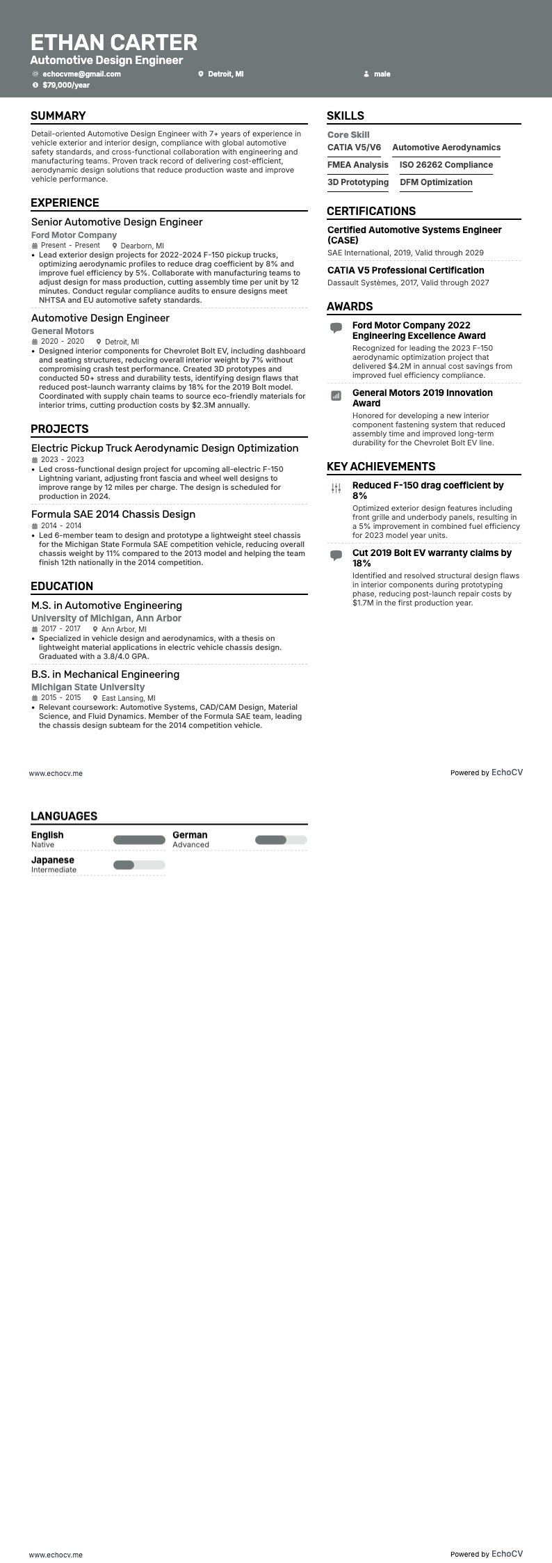 Automotive Design Engineer example resume