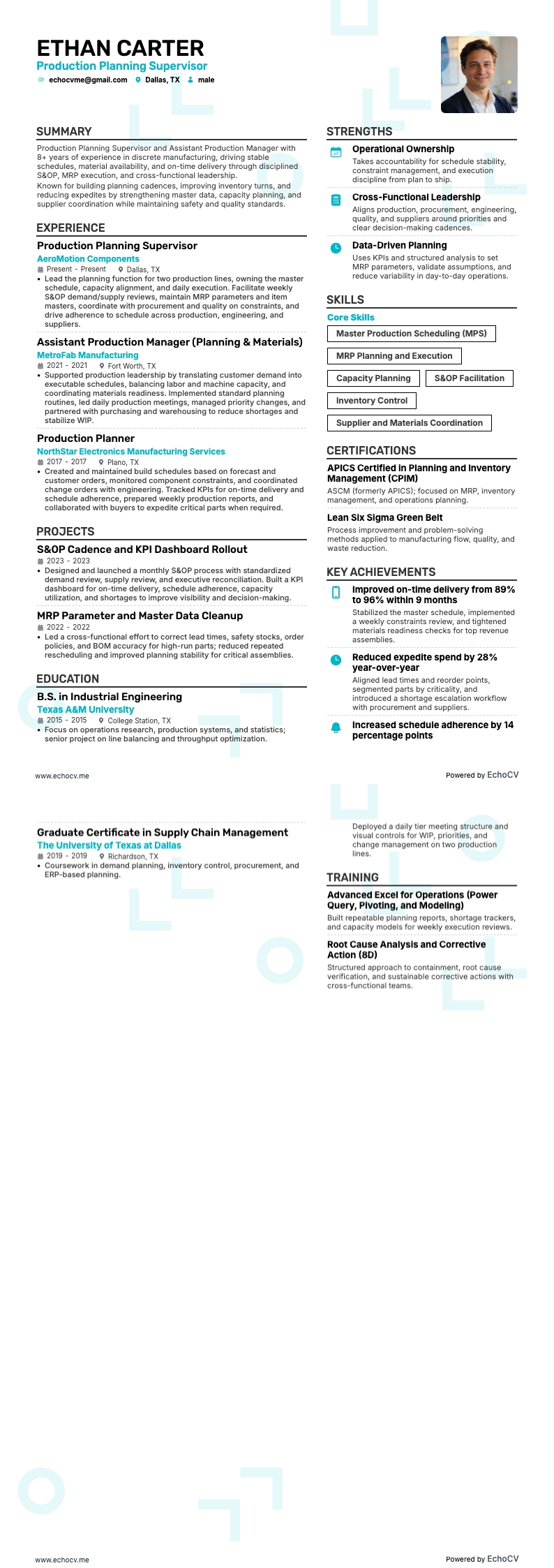 Supervisor de Planejamento de Produção example resume