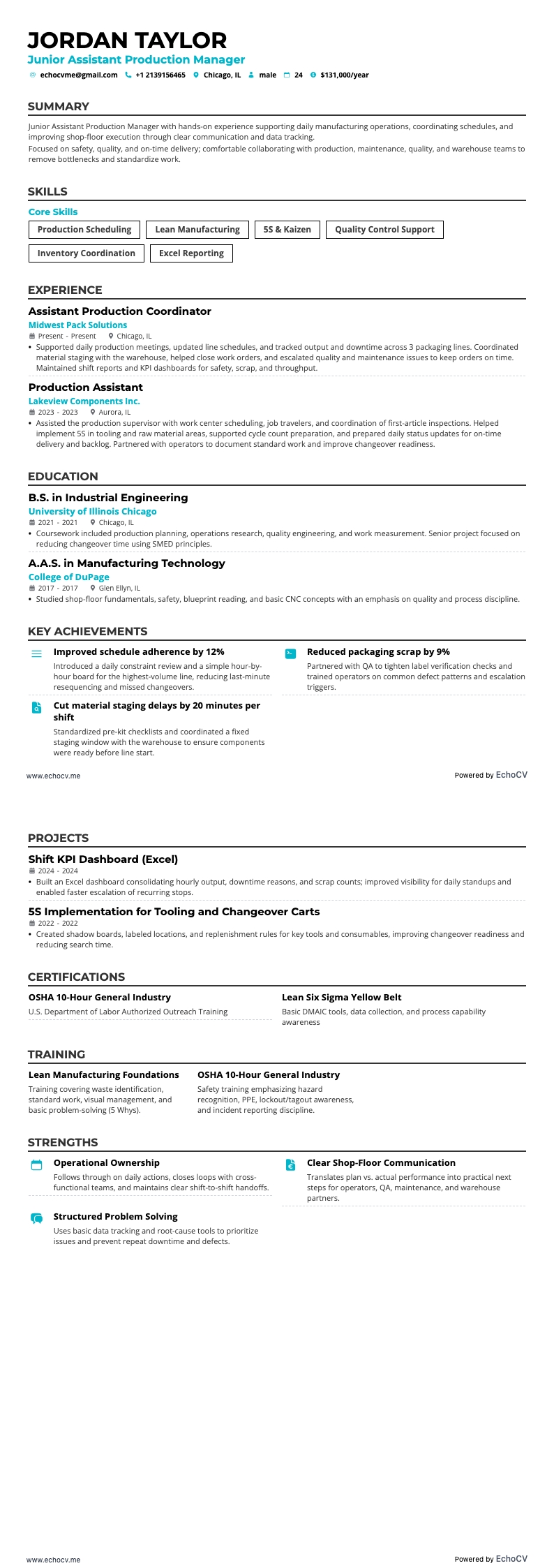 Assistente júnior de gerente de produção example resume