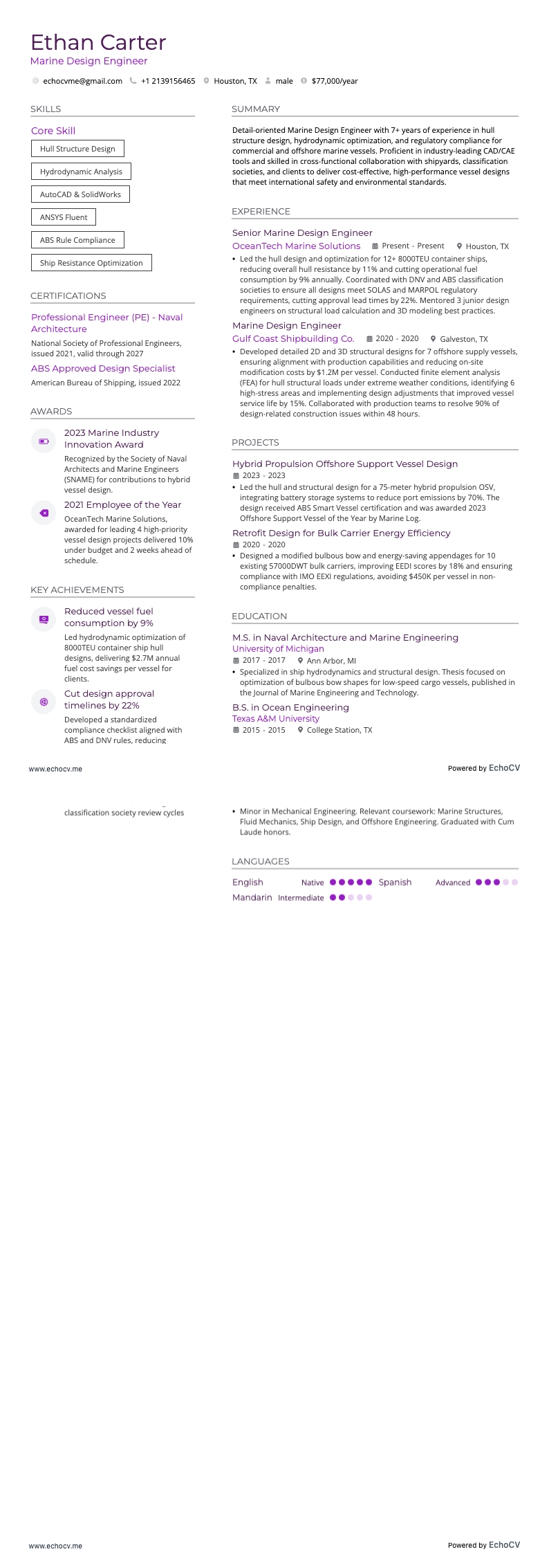 Marine Design Engineer example resume