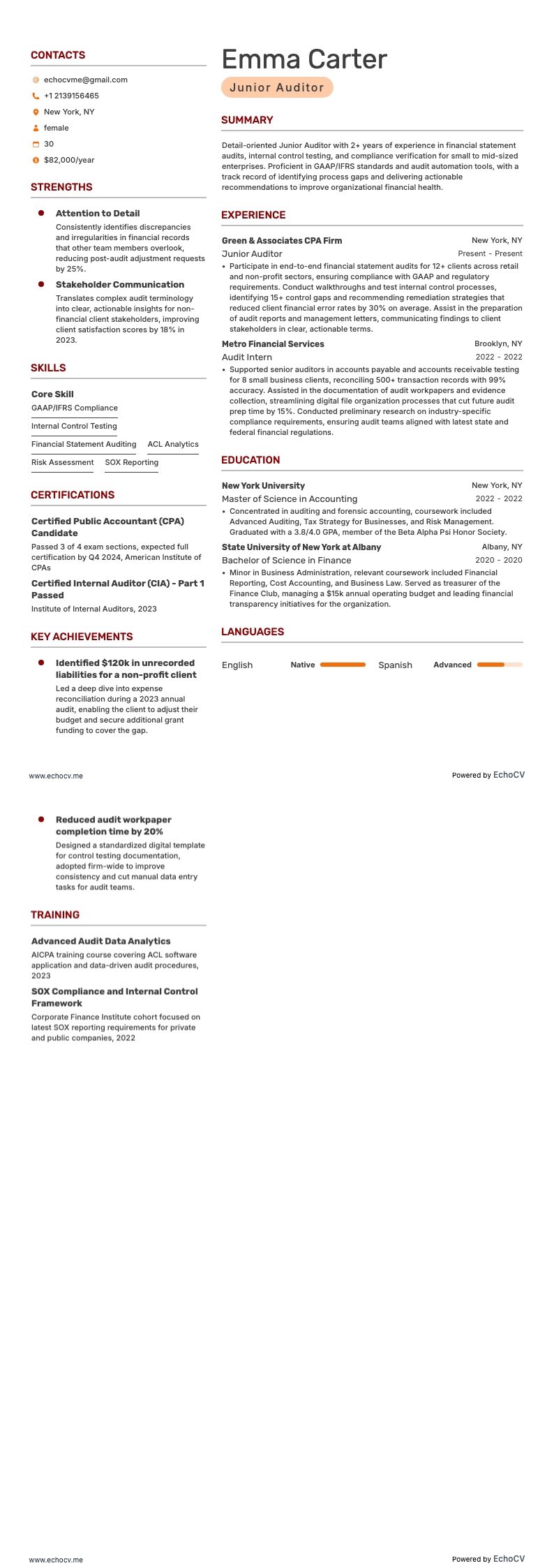 Auditeur junior example resume