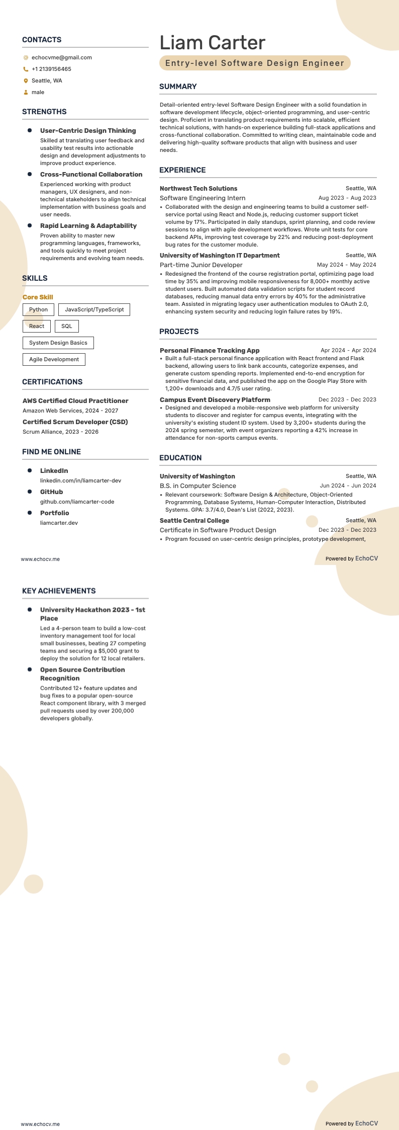 Entry-level Software Design Engineer example resume