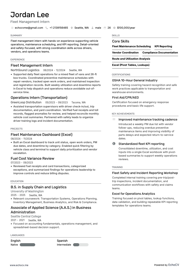 Fleet Management Intern example resume