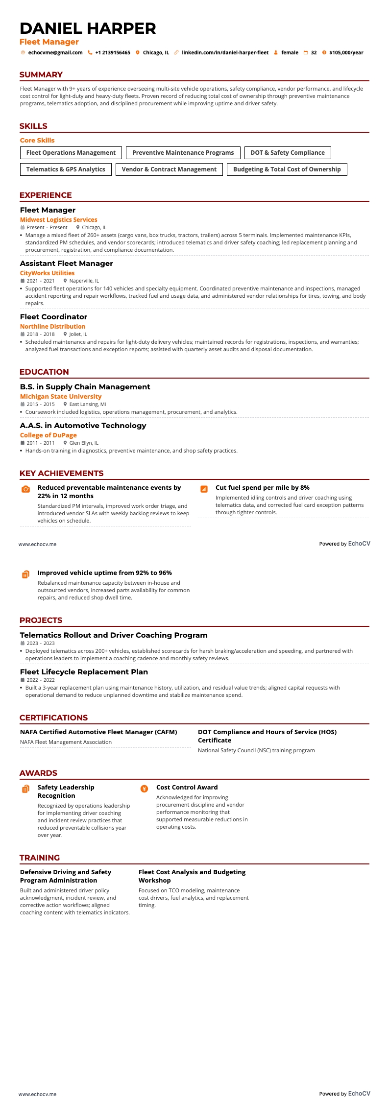 フリートマネージャー resume example