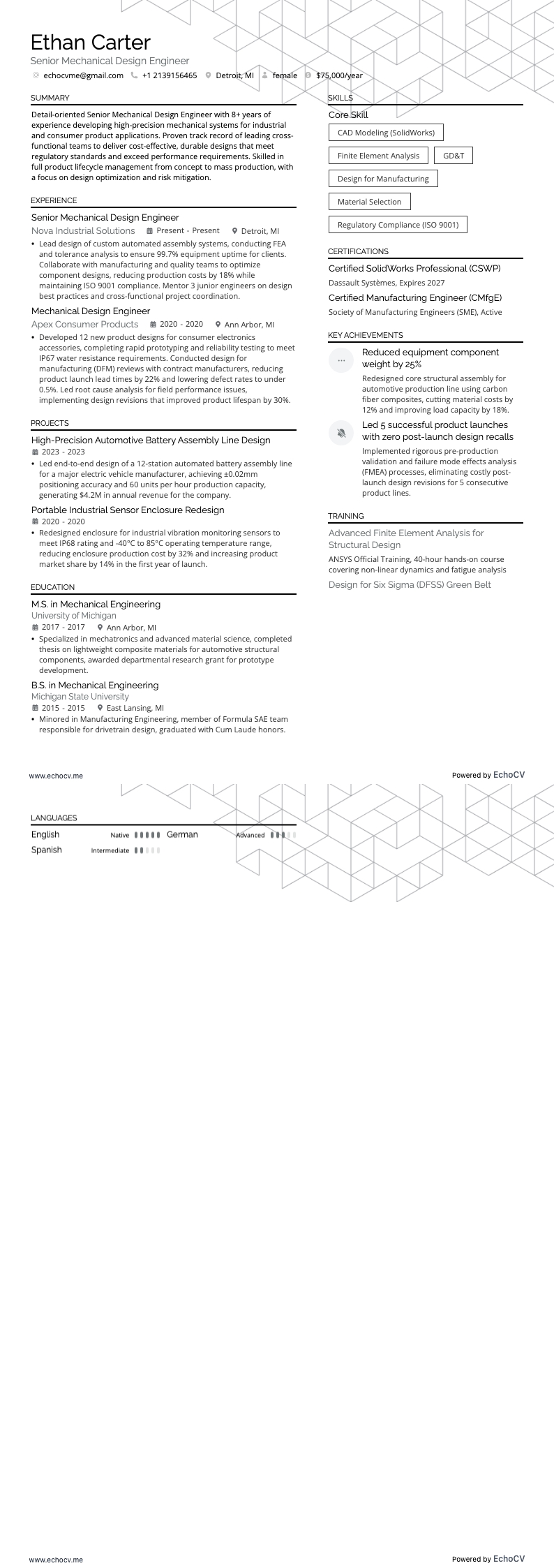 Senior Mechanical Design Engineer example resume