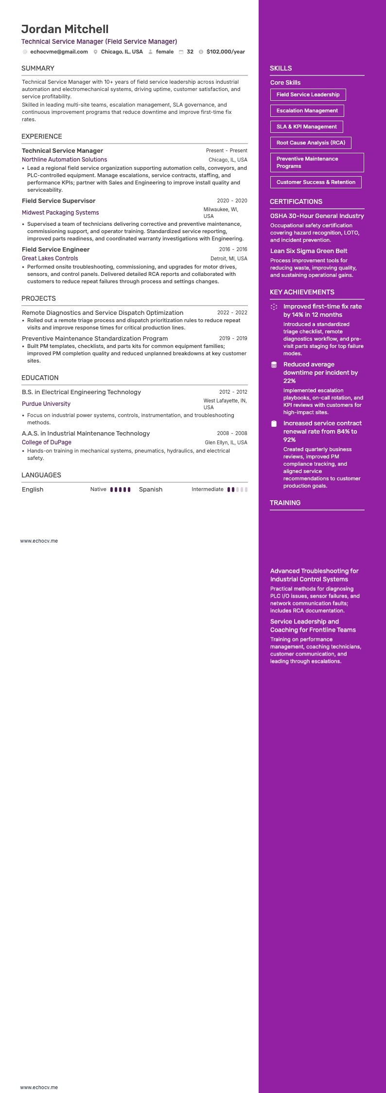 Gerente de Servicio Técnico resume example