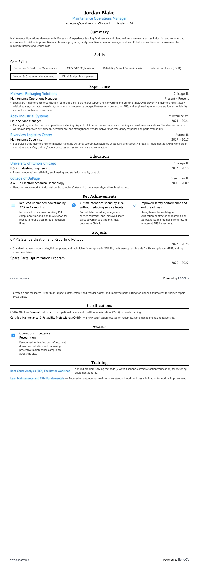 Responsable des opérations de maintenance example resume
