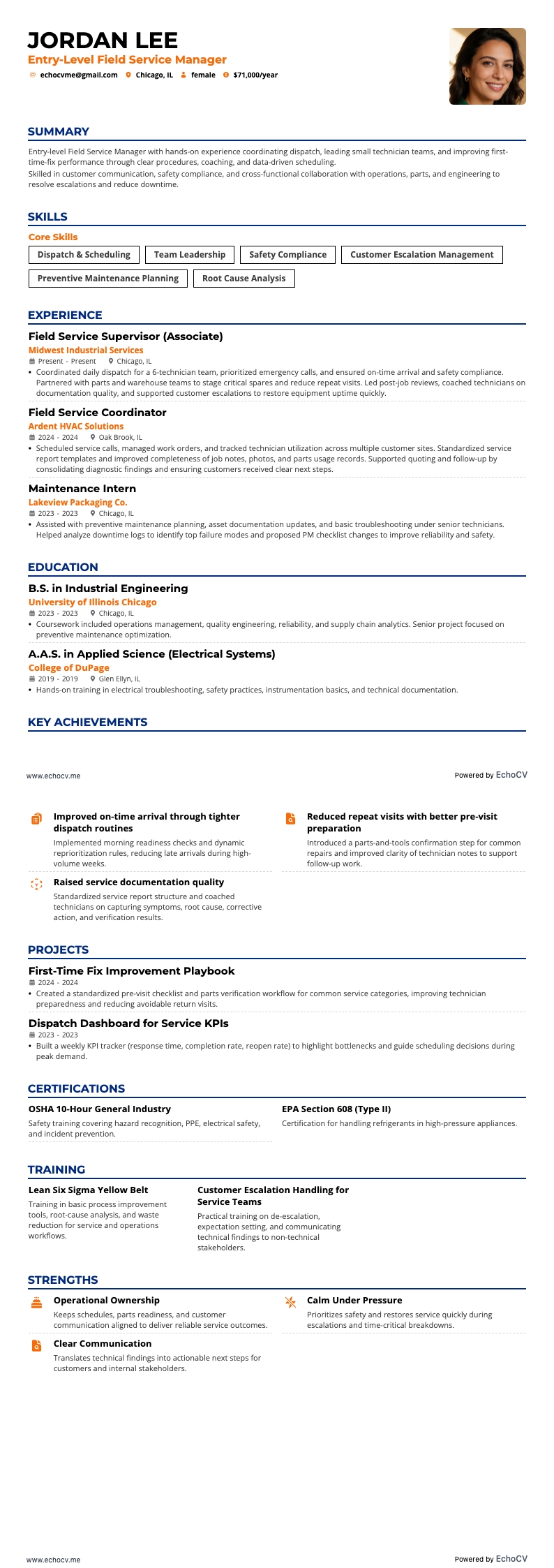 Responsable du service sur le terrain resume example